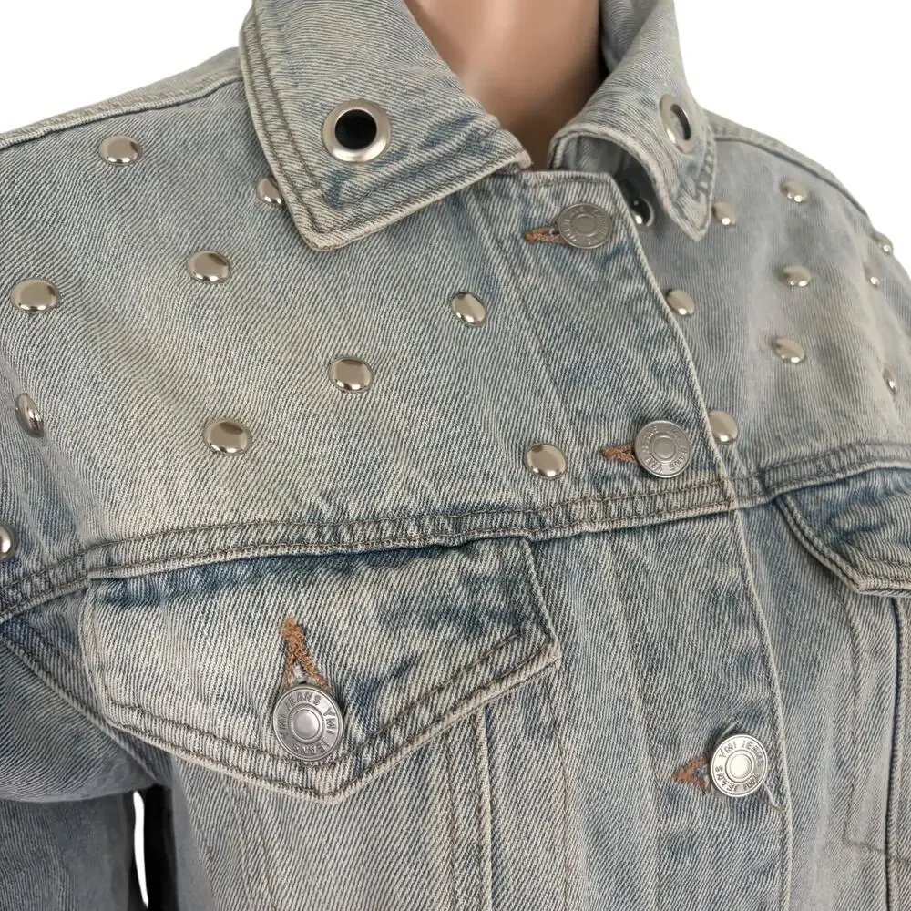 Upcycled Denim Jacket M Angel Cherub Grommet Stud Celestial Punk Boho Retro Blue - Picture 8 of 13
